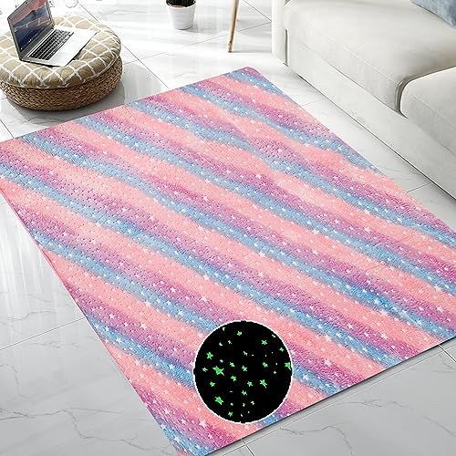 QH Multicolour & Stars Pattern Glow in The Dark Area Rug Area Rug for Living Room Bedroom Playing Room Size 5'x6'