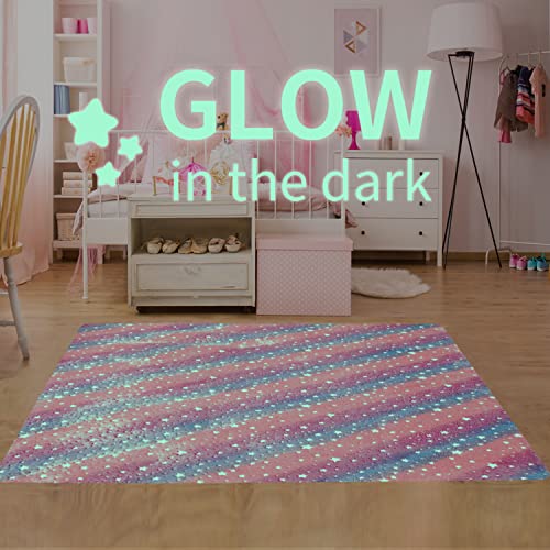 QH Multicolour & Stars Pattern Glow in The Dark Area Rug Area Rug for Living Room Bedroom Playing Room Size 5'x6'