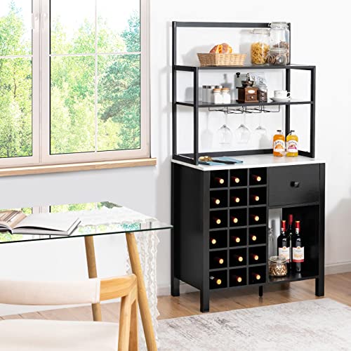 Giantex Sideboard with Hutch Shelf, Buffet Wine Cabinet, 18 Bottles Wood Wine Rack, 1 Drawer, Standing 4-Tier Bakers Rack with Glass Holder, Kitchen Microwave Stand Living Room Black