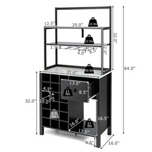 Giantex Sideboard with Hutch Shelf, Buffet Wine Cabinet, 18 Bottles Wood Wine Rack, 1 Drawer, Standing 4-Tier Bakers Rack with Glass Holder, Kitchen Microwave Stand Living Room Black