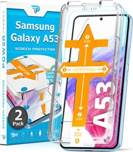 power theory designed for samsung galaxy a53 5g screen protector tempered glass [9h hardness], easy install kit, 99% hd bubble free clear, case friendly, anti-scratch, 2 pack