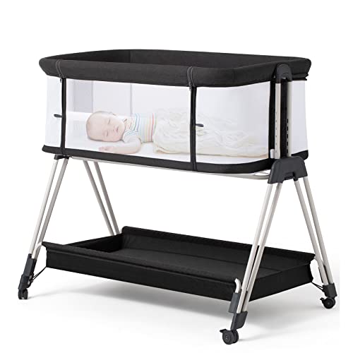 Fodoss Baby Bassinet Bedside Sleeper with Wheels and Storage Tray,4-Sided Mesh Bedside Bassinet Co Sleeper for Infant/Newborn,7 Height Adjustable Easy Folding Bedside Crib