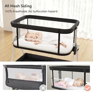 Fodoss Baby Bassinet Bedside Sleeper with Wheels and Storage Tray,4-Sided Mesh Bedside Bassinet Co Sleeper for Infant/Newborn,7 Height Adjustable Easy Folding Bedside Crib
