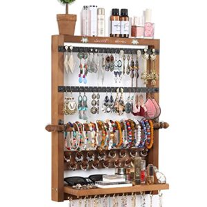 kylovhos hanging jewelry organizer, wall mounted, pine wood, rustic wooden storage display for necklaces, bracelets, earrings, rings (brown).