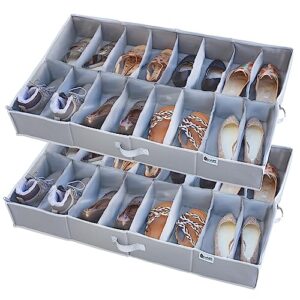 under bed shoe storage organizer - set of 2 – tear-resistant heavy duty 600d material - shoe organizer under bed - fits men's and women's shoes, high heels, and sneakers - up to 32 pairs - extra-strong zipper - grey - perfect for college dorms