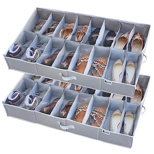 Under Bed Shoe Storage Organizer - Set of 2 – TEAR-RESISTANT Heavy Duty 600D Material - Shoe Organizer Under Bed - Fits Men's and Women's Shoes, High Heels, and Sneakers - Up to 32 Pairs - Extra-Strong Zipper - Grey - Perfect for College Dorms