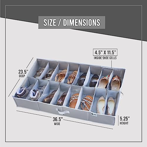 Under Bed Shoe Storage Organizer - Set of 2 – TEAR-RESISTANT Heavy Duty 600D Material - Shoe Organizer Under Bed - Fits Men's and Women's Shoes, High Heels, and Sneakers - Up to 32 Pairs - Extra-Strong Zipper - Grey - Perfect for College Dorms