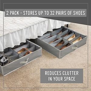 Under Bed Shoe Storage Organizer - Set of 2 – TEAR-RESISTANT Heavy Duty 600D Material - Shoe Organizer Under Bed - Fits Men's and Women's Shoes, High Heels, and Sneakers - Up to 32 Pairs - Extra-Strong Zipper - Grey - Perfect for College Dorms