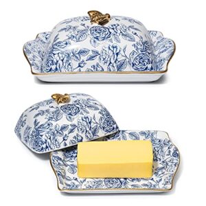 ceramic butter dish, hand painted blue italian flower design - fridge or countertop - container storage floral pattern home decor, butters plate - lid & golden rim for kitchen, decorative colored tray