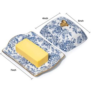 Ceramic Butter Dish, Hand Painted Blue Italian Flower Design - Fridge Or Countertop - Container Storage Floral Pattern Home Decor, Butters Plate - Lid & Golden Rim for Kitchen, Decorative Colored Tray