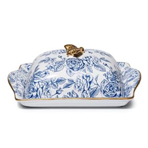 Ceramic Butter Dish, Hand Painted Blue Italian Flower Design - Fridge Or Countertop - Container Storage Floral Pattern Home Decor, Butters Plate - Lid & Golden Rim for Kitchen, Decorative Colored Tray