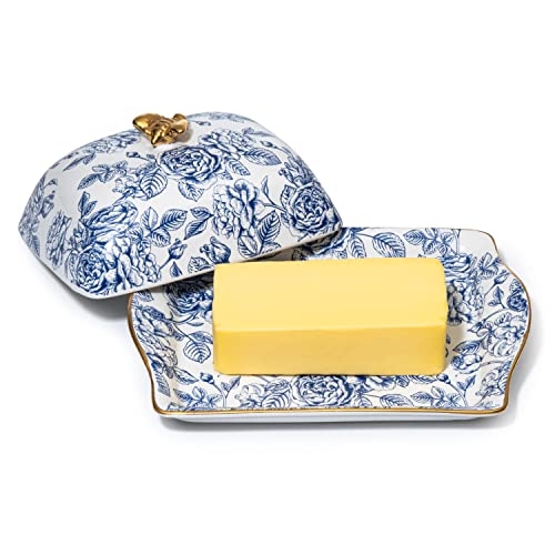 Ceramic Butter Dish, Hand Painted Blue Italian Flower Design - Fridge Or Countertop - Container Storage Floral Pattern Home Decor, Butters Plate - Lid & Golden Rim for Kitchen, Decorative Colored Tray