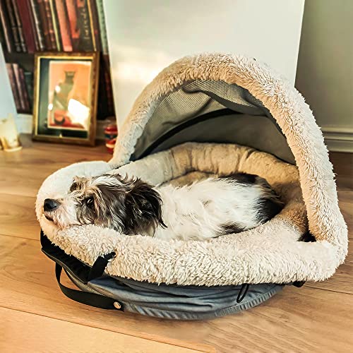 Nest & Go 3-1 Portable Pet Bed, Pet Carrier and Removable Waste Tray, for Travel with Cats and Small Dogs, Washable Super Soft Pillow, Grey with Handles, Holds up to 20 lbs.