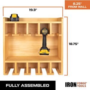 Iron Forge Tools Compact Power Tool Organizer - Fully Assembled Wood Tool Chest and 10 Drill Charging Station, Heavy Duty Storage Shelves - Great Workshop Organization and Storage Gift for Men
