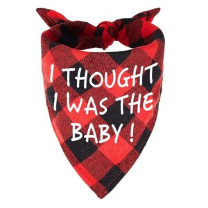 family kitchen i thought i was the baby pregnancy announcement triangle red plaid pet dog bandana, gender reveal photo prop pet scarf for pet birthday gift