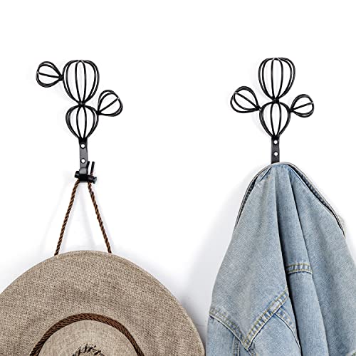 MyGift Wall Mounted Matte Black Metal Coat Hook with Wire 3D Cactus Shaped Design, Entryway Organizer Hanging Hooks, Set of 2