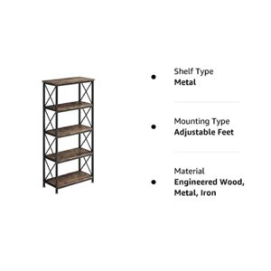 4NM Adjustable Bookshelf 5 Tiers Storage Shelves Kitchen Standing Racks Vintage Bookcase for Study Organizer Home Office Pantry Closet Kitchen Laundry 23.6x11.8x50.6 inches (Rustic Brown and Black)