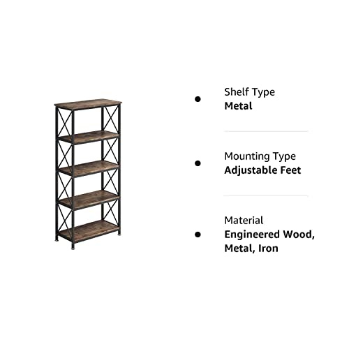 4NM Adjustable Bookshelf 5 Tiers Storage Shelves Kitchen Standing Racks Vintage Bookcase for Study Organizer Home Office Pantry Closet Kitchen Laundry 23.6x11.8x50.6 inches (Rustic Brown and Black)