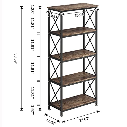 4NM Adjustable Bookshelf 5 Tiers Storage Shelves Kitchen Standing Racks Vintage Bookcase for Study Organizer Home Office Pantry Closet Kitchen Laundry 23.6x11.8x50.6 inches (Rustic Brown and Black)