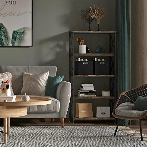4NM Adjustable Bookshelf 5 Tiers Storage Shelves Kitchen Standing Racks Vintage Bookcase for Study Organizer Home Office Pantry Closet Kitchen Laundry 23.6x11.8x50.6 inches (Rustic Brown and Black)
