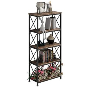 4NM Adjustable Bookshelf 5 Tiers Storage Shelves Kitchen Standing Racks Vintage Bookcase for Study Organizer Home Office Pantry Closet Kitchen Laundry 23.6x11.8x50.6 inches (Rustic Brown and Black)