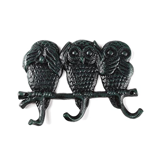 BRASSTAR Cast Iron Owl 3 Hooks See NO Speak NO Hear NO EvilDark Green Retro Wall Coat Hook for Indoor Outdoor Decorative TQGJPT271