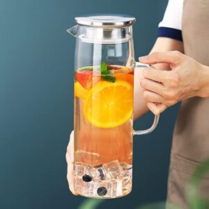 Kyraton Water Pitcher with Removable Lid 51oz/1.5L, Hot and Cold Beverages Clear Glass Pitcher, Easy Clean Heat Resistant Borosilicate Glass Jug for Tea Cafe Lemonade Milk Juice