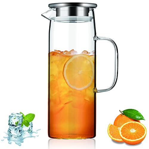 Kyraton Water Pitcher with Removable Lid 51oz/1.5L, Hot and Cold Beverages Clear Glass Pitcher, Easy Clean Heat Resistant Borosilicate Glass Jug for Tea Cafe Lemonade Milk Juice