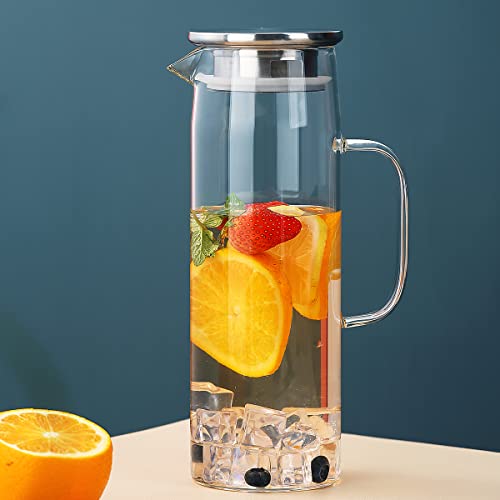 Kyraton Water Pitcher with Removable Lid 51oz/1.5L, Hot and Cold Beverages Clear Glass Pitcher, Easy Clean Heat Resistant Borosilicate Glass Jug for Tea Cafe Lemonade Milk Juice