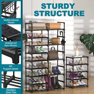 RIRPUAE 9-Tier Shoe Rack Storage Organizer, Shoe Shelf for Holds 50-55 Pairs Large Shose Stand with Adjustable Side Hooks for Entryway and Hallway