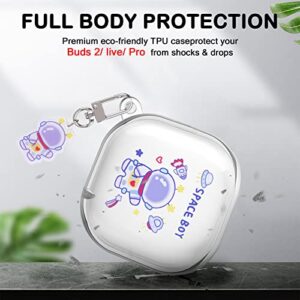 Cute Astronaut Case for Samsung Galaxy Buds 2 Cover (2021)/Buds Pro Case(2021)/Buds Live Case(2020) with Funny Spacemen Keychain for Men Girls Kids,Clear Shockproof Protective Soft Silicone Cover