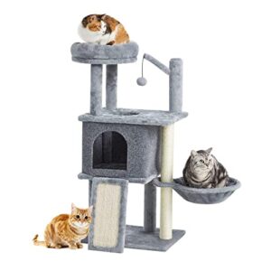 tscomon 36.6" multi-level cat tree cat tower for indoor cats, plush perch with cat condos and scratching posts with hammock basket and hanging ball, grey