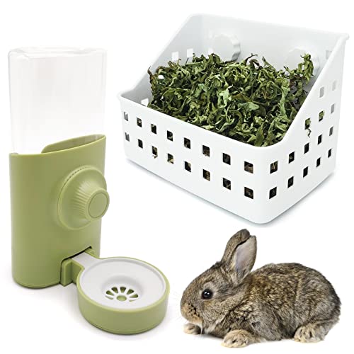 BNOSDM Rabbit Hay Feeder Rack Bunny Water Dispenser No Drip for Cage Guinea Pig Feeding Set with 600ml Hanging Water Bottle and Hay Holder for Rabbits Bunnies Small Animals Chinchillas Hedgehogs