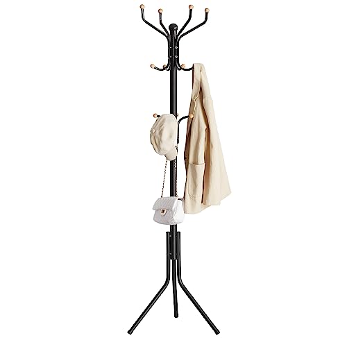 SONGMICS Coat Rack Freestanding, Metal Coat Rack Stand with 12 Hooks and 3 Legs, Coat Tree, Holds Clothes, Hats, and Bags, for Entryway, Living Room, Bedroom, Classic Black URCR018B01