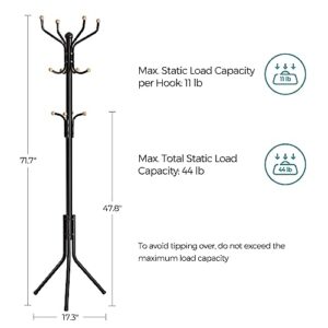 SONGMICS Coat Rack Freestanding, Metal Coat Rack Stand with 12 Hooks and 3 Legs, Coat Tree, Holds Clothes, Hats, and Bags, for Entryway, Living Room, Bedroom, Classic Black URCR018B01