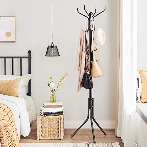 SONGMICS Coat Rack Freestanding, Metal Coat Rack Stand with 12 Hooks and 3 Legs, Coat Tree, Holds Clothes, Hats, and Bags, for Entryway, Living Room, Bedroom, Classic Black URCR018B01