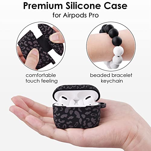 Case for Airpods Pro, Filoto Cute Apple Airpod Pro Cover for Women Girls, Silicone Airpods Pro Protective Case with Wristlet Bracelet Keychain Credit Card Holder Purse Accessories (Leopard Black)