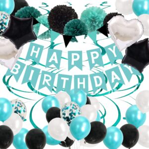blue birthday decorations for women- black teal turquoise white birthday balloons with happy banner pom poms decor(turquoise green)