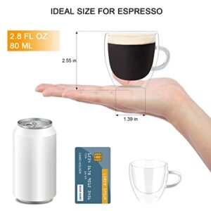 Espresso Cups 2.8 OZ Double Walled Glass Espresso Cups Set of 4 Thermo Insulated Espresso Coffee Cups with Handle Double Espresso Cups Espresso Shot Cups Father's Day Gift