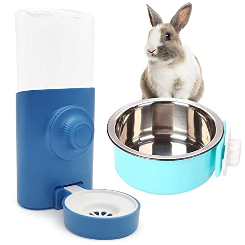 BNOSDM Rabbit Water Dispenser for Cage & Crate Bunny Food Bowl Feeder Detachable Stainless Steel Plastic Hanging Automatic Water Bottle No Drip for Ferrets Chinchiallas Guinea Pigs Small Animals