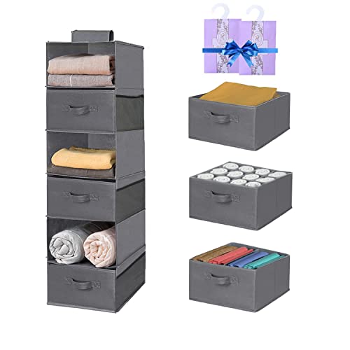 Hanging Closet Organizer 6-Shelf, Hanging Closet Shelves with 3 Drawers & Side Pockets, Closet Hanging Organizer for Wardrobe,RV,Dorm Room,Closet Organizers and Storage Hanging 13" x 11.8"x 42.5" Gray