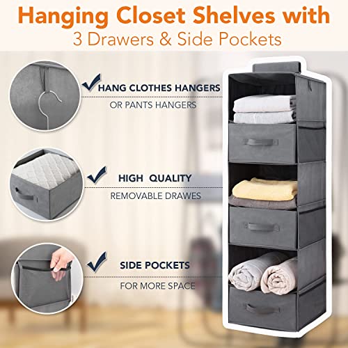 Hanging Closet Organizer 6-Shelf, Hanging Closet Shelves with 3 Drawers & Side Pockets, Closet Hanging Organizer for Wardrobe,RV,Dorm Room,Closet Organizers and Storage Hanging 13" x 11.8"x 42.5" Gray