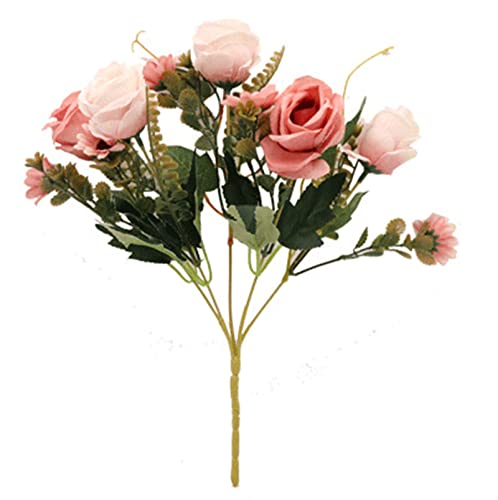 HENJADE Artificial Flower European-Style 5-Head Curling Rose Bouquet Wedding Decoration Home Simulation Rose Fake Flower (Pink)