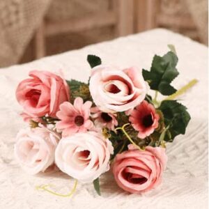 HENJADE Artificial Flower European-Style 5-Head Curling Rose Bouquet Wedding Decoration Home Simulation Rose Fake Flower (Pink)