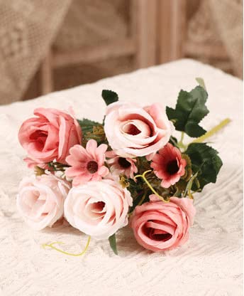 HENJADE Artificial Flower European-Style 5-Head Curling Rose Bouquet Wedding Decoration Home Simulation Rose Fake Flower (Pink)