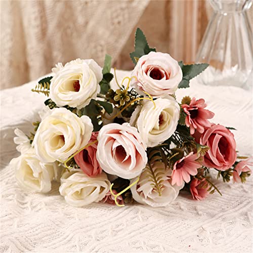 HENJADE Artificial Flower European-Style 5-Head Curling Rose Bouquet Wedding Decoration Home Simulation Rose Fake Flower (Pink)