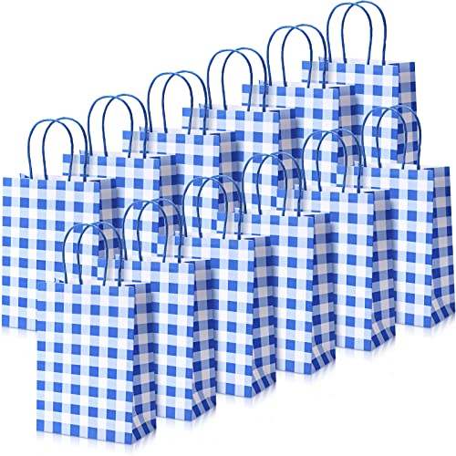 30 Pieces Gingham Gift Bags Kraft Paper Bag Christmas Buffalo Plaid Bag Present Bag Party Favor Bag with Handle Goody Bag for Christmas Birthday Party Supplies, 5.91 x 8.27 x 3.15 Inch(Blue White)