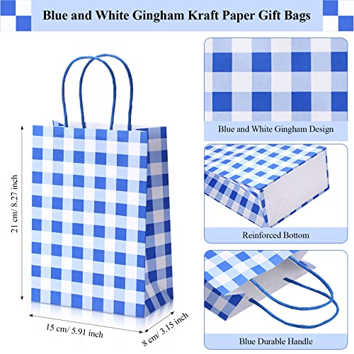 30 Pieces Gingham Gift Bags Kraft Paper Bag Christmas Buffalo Plaid Bag Present Bag Party Favor Bag with Handle Goody Bag for Christmas Birthday Party Supplies, 5.91 x 8.27 x 3.15 Inch(Blue White)