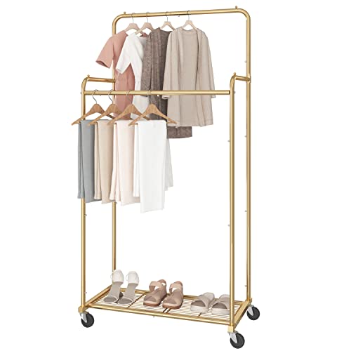 Simple Trending Double Rod Clothes Garment Rack, Heavy Duty Clothing Rolling Rack on Wheels for Hanging Clothes,with 4 Hooks, Gold