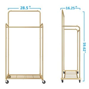 Simple Trending Double Rod Clothes Garment Rack, Heavy Duty Clothing Rolling Rack on Wheels for Hanging Clothes,with 4 Hooks, Gold